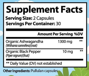 Premium Organic Ashwagandha with Black Pepper - 1300mg per Serving, 60 Capsules - Made in USA, FDA Registered Facility - Enhanced Absorption with Piperine for Optimal Performance Organic Strength buy supplements Au