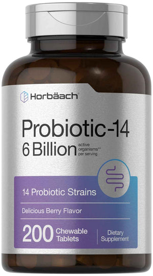 Horbäach Probiotics 6 Billion CFUs | 200 Chewable Tablets | Berry Flavor | 14 Probiotic Strains | Vegetarian, Non-GMO & Gluten Free Supplement for Men & Women