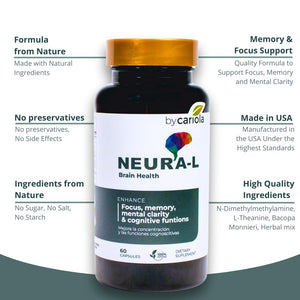 BY CARIOLA Neural-L Natural Brain Support Supplement 60 Caps - Mental Support – Memory Booster - Concentration - Natural Formula - Ashwagandha - L-Tyrosine - L-Theanine BY CARIOLA buy supplements Au