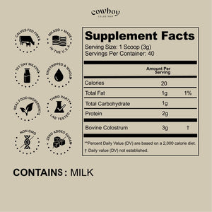 Cowboy - The Exclusive 1st Milking, Whole, Grass Fed Colostrum Supplement for Full Body Health - Bovine Colostrum Powder Packed w/Bioactive Nutrients - Sugar Free (Unflavored, 40 Servings) COWBOY COLOSTRUMBuy Supplements Australia