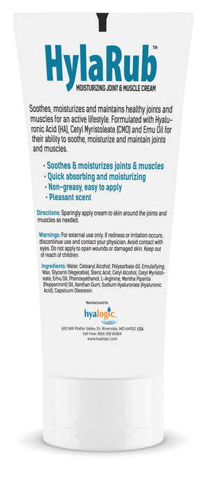 HylaRub HA Joint & Muscle Cream β Hyaluronic Acid Muscle Rub w/Emu Oil & CMO β Non Greasy, Soothes, Moisturizes & Maintains Shoulders, Knees, Back, HIPS & More 6 oz. by Hyalogic HyalogicBuy Supplements Australia