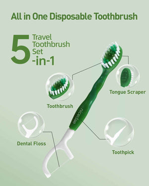 nicedae Disposable Mini Travel Toothbrush Bulk with Toothpaste 5in1 60Ct Portable Toothbrushes Set Floss Pick Tongue Scraper Cruise