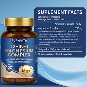 Puravita Magnesium Complex - Puravita 12 in 1 Magnesium Supplement with Glycinate, Citrate, Malate, Oxide, Taurat & More for Muscle, Nerve & Sleep Support, 120 Count PURAVITA buy supplements Au