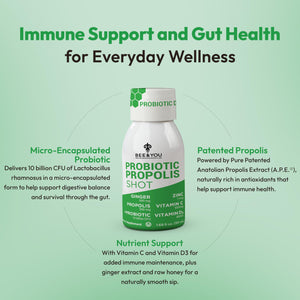 Bee and You Propolis Immune Shot, Probiotic, Vitamin C, Vitamin D3, Zinc, Ginger, Immune Support, Gut Health, Digestive Health, Bioactive 1.69 Fl. oz, 12 Pack BEE & YOU buy supplements Au