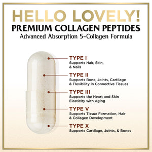 Multi Collagen Peptides for Women & Men - 2400mg per Serving - Best Hydrolyzed Collagen Complex with Type I, II, III, V, X - Hair, Skin, Nails & Joint Support Supplement - Bottled USA - 60 Capsules Hello Lovely!Β buy supplements Au