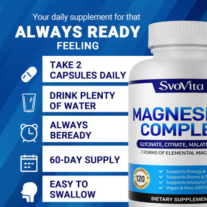 Magnesium Complex Supplement with 7 Forms of Magnesium Glycinate, Malate, Citrate & More, High Absorption for Bones, Muscle, Recovery, Energy, Vegan Non-GMO 120 Capsules Svovita buy supplements Au