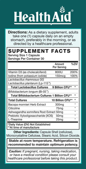 FocusProbio for Adults – 10 Billion CFU Probiotic with Prebiotic, Bacopa, Citicoline, L‑Theanine, Ashwagandha & Vitamin D₃ | Supports Focus, Mood & Gut-Brain Balance – Vegetarian, Once Daily HealthAid buy supplements Au