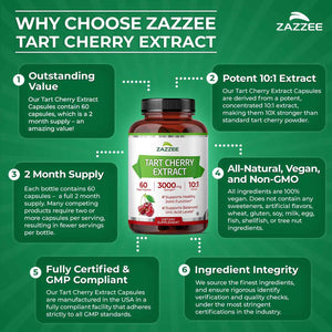 Zazzee Tart Cherry 10:1 Extract, 200 Vegan Capsules, 6+ Month Supply, Montmorency Cherry, Certified Kosher, Joint & Uric Acid Support, Antioxidant Support Formula, Non-GMO, Made in the USA
