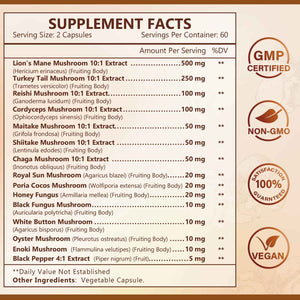 NATURE TARGET 14-in-1 Mushroom Supplement - Mushroom Complex with Lion's Mane, Cordyceps, Reishi & Turkey Tail - Caffeine-Free Energy, Memory & Immune Support - Vegan, 120 Capsules