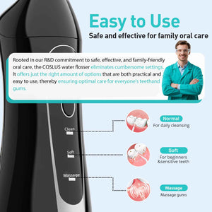 COSLUS Water Dental Flosser Teeth Pick C20: ADA Accepted, Portable Cordless Oral Irrigator 300ML Rechargeable Travel Irrigation Cleaner IPX7 Waterproof Electric