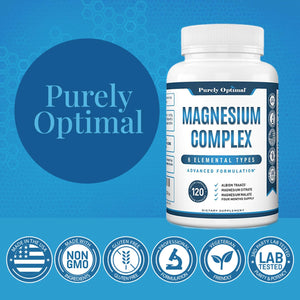 Purely Optimal Magnesium Complex - 6 Forms Magnesium Glycinate, Citrate & Malate - Sleep Support, Stress Relief, Muscles, Heart Health & Relaxation - Magnesium Supplement for Women & Men, 120 Caps Purely Optimal buy supplements Au