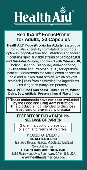 FocusProbio for Adults – 10 Billion CFU Probiotic with Prebiotic, Bacopa, Citicoline, L‑Theanine, Ashwagandha & Vitamin D₃ | Supports Focus, Mood & Gut-Brain Balance – Vegetarian, Once Daily HealthAid buy supplements Au