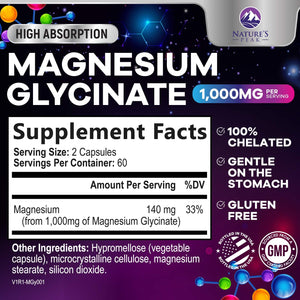 Magnesium Glycinate Capsules 1000mg Per Serving - Pure & Chelated for Max Absorption - Supports Muscle, Nerve & Heart Health, Sleep Support - Magnesium Supplement for Whole Body Support - 120 Capsules Nature's PeakBuy Supplements Australia