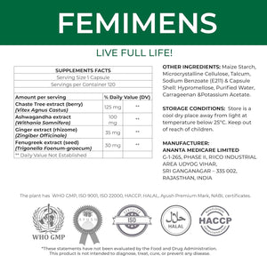 FEMIMENS β PMS Support Supplement for Women β PMS Relief for Women & Menstrual Cramp Relief β Hormonal Balance for Women β Chasteberry Vitex, Ashwagandha, Ginger, Fenugreek β 120 Vegan Capsules Ananta Medicare USABuy Supplements Australia