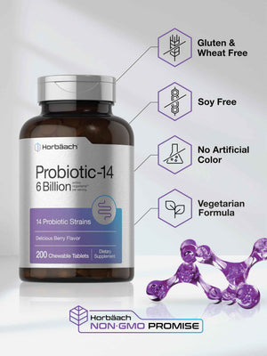 Horbäach Probiotics 6 Billion CFUs | 200 Chewable Tablets | Berry Flavor | 14 Probiotic Strains | Vegetarian, Non-GMO & Gluten Free Supplement for Men & Women