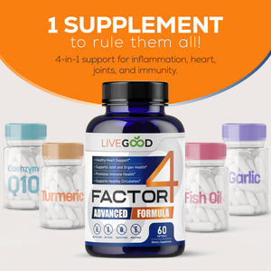 LIVEGOOD™ Factor 4, Omega 3 Fish Oil with EPA & DHA, CoQ10, and Turmeric, Advanced Q10 Coenzyme & CoQ10 Supplements, DHA Supplements for Heart, Joint & Immune Support, Made in USA, 60 Count, LIVEGOODBuy Supplements Australia