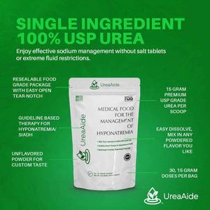 UreaAide Unflavored Urea Powder for Low Sodium 30 Servings Oral Urea Powder for Hyponatremia-Single Ingredient 100% Medical Grade Urea with 15 gram Dose Scoop