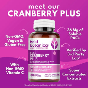 Bold Cranberry Plus Capsules - 100% Soluble 36mg PACs - Cranberry Pills for Women & Men with Urinary Tract Support, Non-GMO Vitamin C β 30 Vegan Capsules, 1 Month Supply Bold BotanicaBuy Supplements Australia