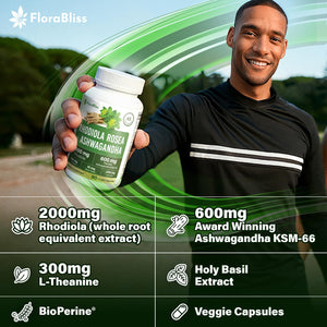 FloraBliss Rhodiola Rosea with Ashwagandha KSM-66, L-Theanine, Holy Basil & Black Pepper - 90 High Potency Vegan Capsules - 45-Day Supply FloraBlissBuy Supplements Australia
