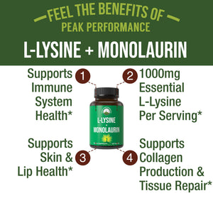 Peak Performance L Lysine 1000mg + Monolaurin 500mg Supplement for Immune Support - High Potency L-Lysine for Lips, Skin, & Health - 2-in-1 Bioavailable Supplements for Men and Women - 60 Capsules Peak PerformanceBuy Supplements Australia