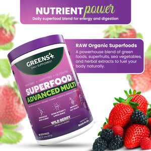 Greens+ Advanced Multi Wild Berry Superfood Powder, Organic Blend, Vegan, Non-GMO, Soy-Free, Dairy-Free, Gluten-Free, Dietary Supplement with Vitamins & Minerals, 9.4 oz Greens+ buy supplements Au