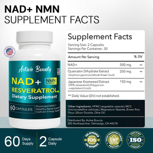 NAD+ Resveratrol Supplement with Quercetin – NMN Alternative for Cellular Energy Support, Focus & Healthy Aging – High Potency 500mg NAD+ Formula, Vegan, Non-GMO, Gluten-Free, Made in USA, 60 Capsules Active Bounty buy supplements Au