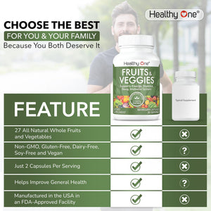 Fruits & Veggies Formula - 27 Premium Whole Foods - Organic Ingredients - Equals 3 Servings of Fruits & Vegetables - Improve Energy, Focus & Immune Function - Fiber - Antioxidants - 120ct (60 Serv) Healthy One buy supplements Au