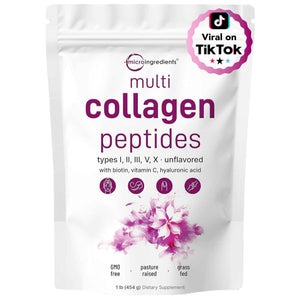 Micro Ingredients Multi Collagen Peptides Powder, 1lb β Hydrolyzed Type I,II,III,V,X with Biotin, Hyaluronic Acid, Vitamin C β Unflavored Collagen