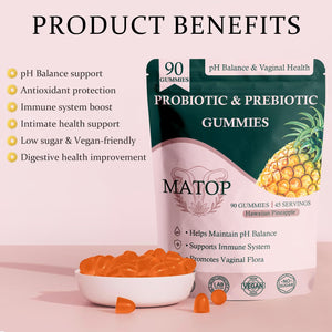 MATOP Probiotic Prebiotic pH Balance Gummies - Vaginal Health Gummies for Women Pro + Prebiotic with Pineapple Flavor, Vegan, Sugar-Free ā 90 Gummies (45 Servings) MATOPBuy Supplements Australia