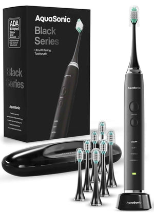 Aquasonic Black Series Ultra Whitening Toothbrush β ADA Accepted Electric Toothbrush- 8 Brush Heads & Travel Case β 40,000 VPM Electric Motor & Wireless