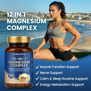 Puravita Magnesium Complex - Puravita 12 in 1 Magnesium Supplement with Glycinate, Citrate, Malate, Oxide, Taurat & More for Muscle, Nerve & Sleep Support, 120 Count PURAVITA buy supplements Au