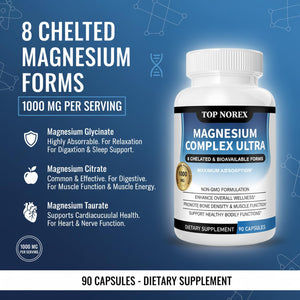Top Norex Magnesium Complex Ultra - 8 Elemental 1000mg Magnesium Blend, Easy Absorption, 90 Capsules (1) Top Norex buy supplements Au