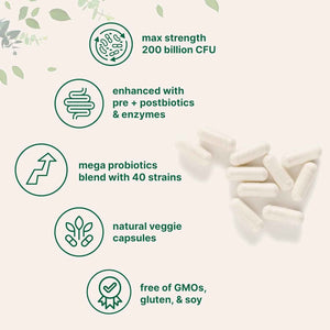 Micro Ingredients Probiotics 200 Billion CFU, 120 Veggie Capsules | Mega Probiotics for Men & Women | 40 Strains with Prebiotics, Postbiotics & Digestive Enzymes | Gut, Immune & Digestive Health