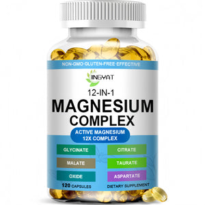 Bottle of magnesium complex supplement with visible label on a white background