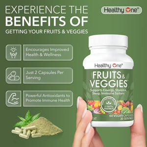 Fruits & Veggies Formula - 27 Premium Whole Foods - Organic Ingredients - Equals 3 Servings of Fruits & Vegetables - Improve Energy, Focus & Immune Function - Fiber - Antioxidants - 120ct (60 Serv) Healthy One buy supplements Au