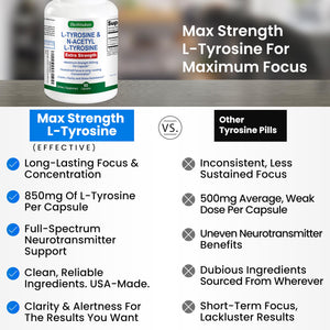 Max Strength L Tyrosine Supplement & N Acetyl L Tyrosine Peak Focus, Alertness, Concentration, Body & Mind Energy. L-Tyrosine 850mg Per 1 Capsule. A Well-Being Nutrient Boost For Performance BioWisdom NutraceuticalsΒ buy supplements Au