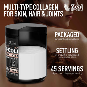 Zeal Naturals Multi Collagen Protein Peptides Powder Types I II III V X - Vitamin C, Biotin & Hyaluronic Acid - Hair, Skin & Nails - Marine, Bovine,