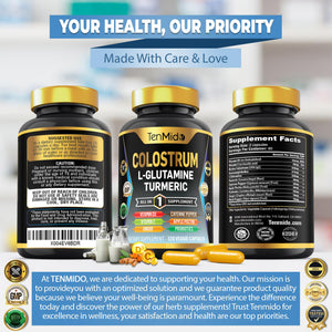 Tenmido Colostrum Supplement - 10in1 Formula - Combine with L- Glutamine, Turmeric, Cayenne Pepper, Apple Pectin, Probiotics, Ginger, and More - Digestive Health, Immune Support - 120 Capsules TenmidoBuy Supplements Australia