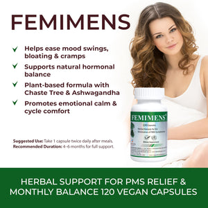 FEMIMENS β PMS Support Supplement for Women β PMS Relief for Women & Menstrual Cramp Relief β Hormonal Balance for Women β Chasteberry Vitex, Ashwagandha, Ginger, Fenugreek β 120 Vegan Capsules Ananta Medicare USABuy Supplements Australia
