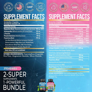 JTEVEweu Shining Serenity Set, Cortisol Support with Ashwagandha, L-Theanine, Magnesium, Lions Mane, GABA, Bacopa Monnieri, Collagen Biotin, Keratin, Hyaluronic Acid, Quercetin JTEVEweu buy supplements Au