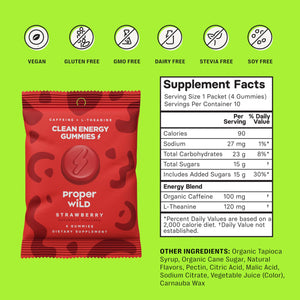 Proper Wild Energy Chews & Gummies for Focus & Clean Energy, Vegan with L-Theanine & Organic Caffeine, Plant-Based, Gluten-Free, Non-GMO, Strawberry (10-Pack) Proper WildBuy Supplements Australia