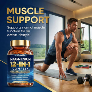 Puravita 12 in 1 Magnesium Complex Capsules - 700mg High Absorption Blend with Glycinate, Citrate, Malate, Oxide & Taurate. Supports Muscle Function, Nerve Health & Relaxation - 120 Capsules (1) PURAVITA buy supplements Au