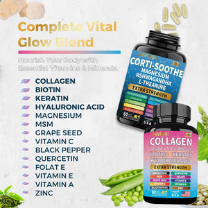 JTEVEweu Shining Serenity Set, Cortisol Support with Ashwagandha, L-Theanine, Magnesium, Lions Mane, GABA, Bacopa Monnieri, Collagen Biotin, Keratin, Hyaluronic Acid, Quercetin JTEVEweu buy supplements Au