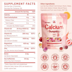 Calcium Gummies for Women β 1500mg Calcium Citrate with Vitamin D3, K2, Magnesium, Zinc, Boron & Soy Isoflavones β Calcium Supplement, Vegan, Zero Sugar, Mixed Fruit Flavors, 360 Count