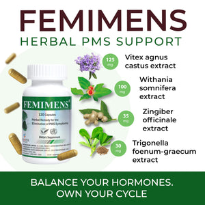 FEMIMENS β PMS Support Supplement for Women β PMS Relief for Women & Menstrual Cramp Relief β Hormonal Balance for Women β Chasteberry Vitex, Ashwagandha, Ginger, Fenugreek β 120 Vegan Capsules Ananta Medicare USABuy Supplements Australia