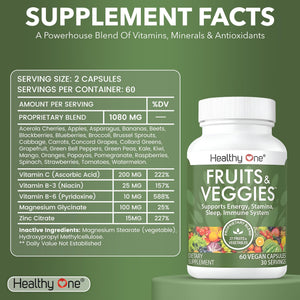 Fruits & Veggies Formula - 27 Premium Whole Foods - Organic Ingredients - Equals 3 Servings of Fruits & Vegetables - Improve Energy, Focus & Immune Function - Fiber - Antioxidants - 120ct (60 Serv) Healthy One buy supplements Au