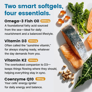 4-in-1 Fish Oil Omega 3 Fatty Supplements (2100mg) - Omega 3 Fish Oil with Vitamins D3 K2 and CoQ10 - Lemon Flavored (120 softgels) PrimeMD buy supplements Au