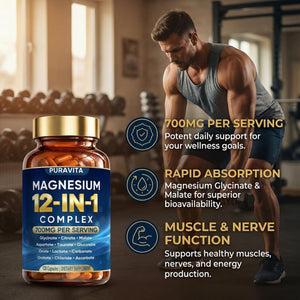Puravita 12 in 1 Magnesium Complex Capsules - 700mg High Absorption Blend with Glycinate, Citrate, Malate, Oxide & Taurate. Supports Muscle Function, Nerve Health & Relaxation - 120 Capsules (1) PURAVITA buy supplements Au