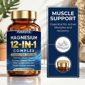Puravita 12 in 1 Magnesium Complex Capsules - 700mg High Absorption Blend with Glycinate, Citrate, Malate, Oxide & Taurate. Supports Muscle Function, Nerve Health & Relaxation - 120 Capsules (1) PURAVITA buy supplements Au