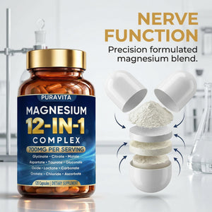 Puravita 12 in 1 Magnesium Complex Capsules - 700mg High Absorption Blend with Glycinate, Citrate, Malate, Oxide & Taurate. Supports Muscle Function, Nerve Health & Relaxation - 120 Capsules (1) PURAVITA buy supplements Au